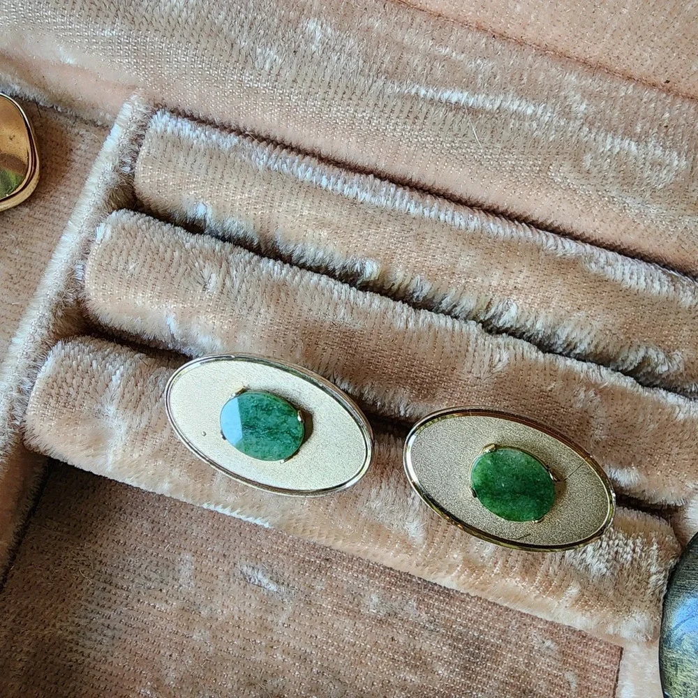DANTE‎ Cufflinks Vintage Green Jade Stone Gold Tone Classic Menswear